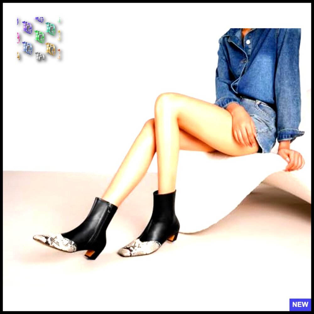 Snakeskin Patchwork Ankle Booties Square Toe Kitt… - image 2